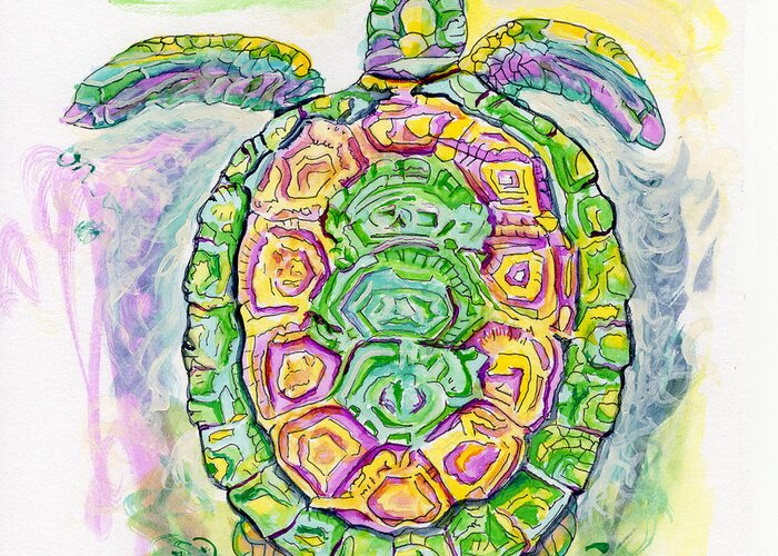 Purple Greeting Card featuring the painting Purple Blue Yellow Sea Watercolor Series 2 Turtle by Shelly Tschupp