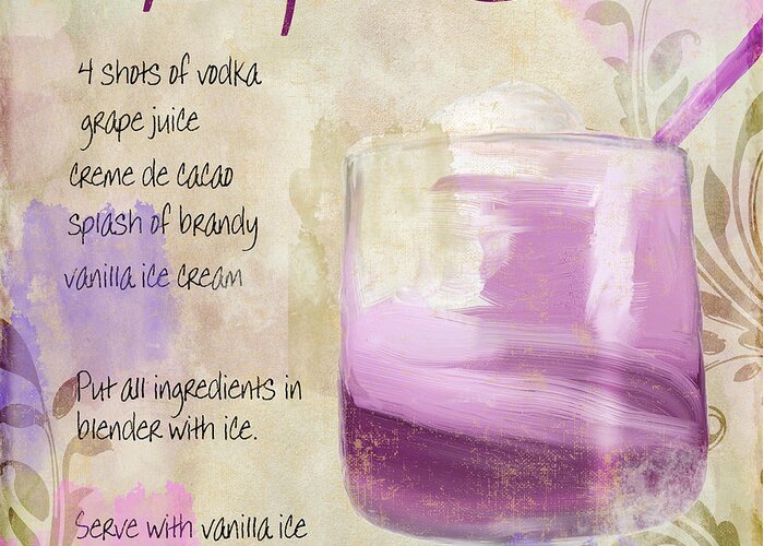 Cocktail Greeting Card featuring the painting Purple Cow Mixed Cocktail Recipe Sign by Mindy Sommers