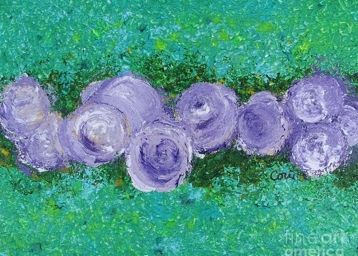 Rose Greeting Card featuring the painting Purple Flowers by Corinne Carroll