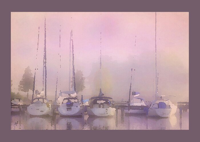 Landscape Greeting Card featuring the digital art Purple Marina Morning by Shelli Fitzpatrick