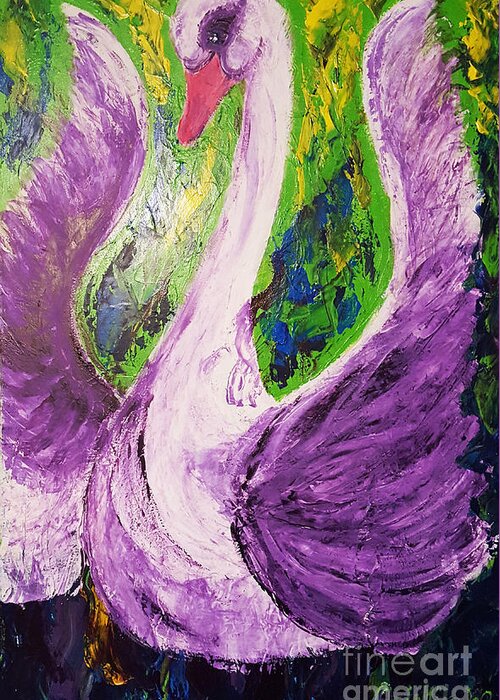 Swan Greeting Card featuring the painting Purple Swan by Ania Milo