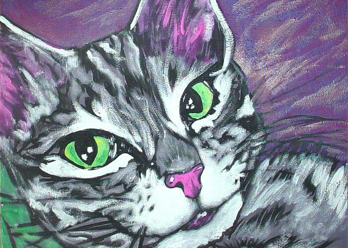 Cat Greeting Card featuring the painting Purple Tabby by Sarah Crumpler