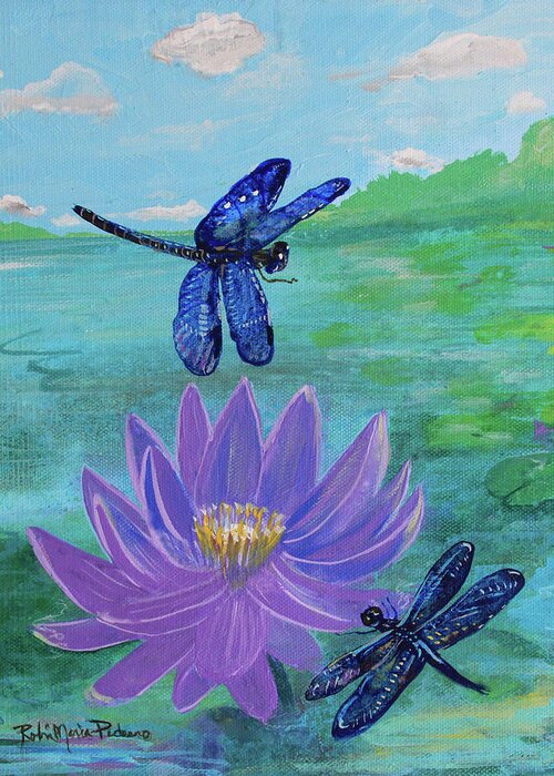 Dragonflies Greeting Card featuring the painting Purple Water lily and Dragonflies by Robin Pedrero