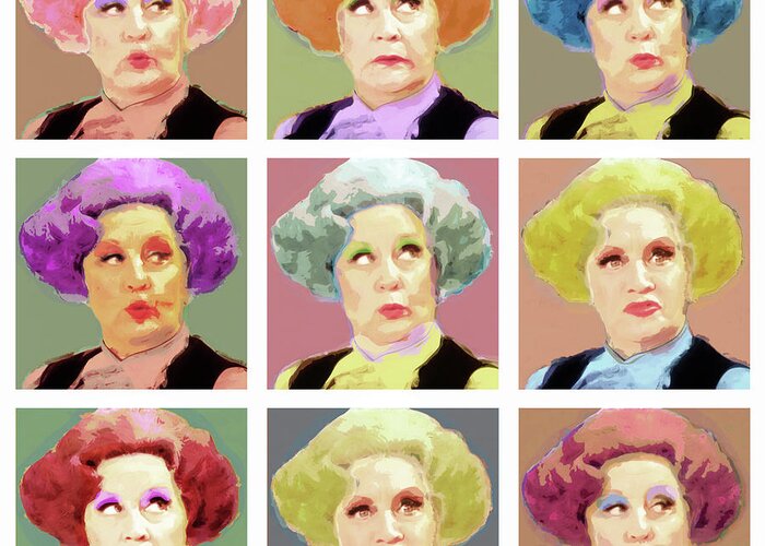 Celebrities Greeting Card featuring the digital art Pussy Galore - Nine Lives - Mollie Sugden Portrait, Are You Being Served? by BFA Prints