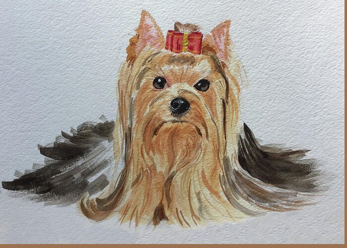 Yorkie Greeting Card featuring the painting Put A Bow On It by Sonja Jones