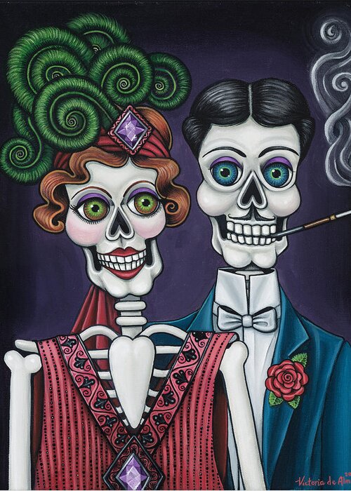 Dia De Los Muertos Greeting Card featuring the painting Putting On The Ritz by Victoria De Almeida