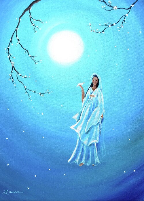 Quan Yin Greeting Card featuring the painting Quan Yin in Teal Moonlight by Laura Iverson