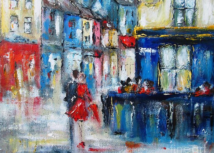 Irish Art Greeting Card featuring the painting Paintings Of Quay Street Galway Ireland by Mary Cahalan Lee - aka PIXI