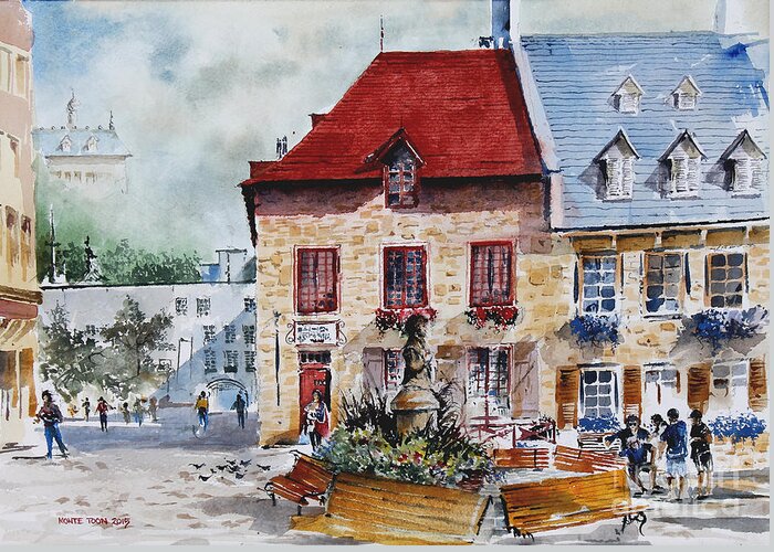 Mid Morning In A Courtyard In Quebec City Greeting Card featuring the painting Quebec City Flower Boxes by Monte Toon