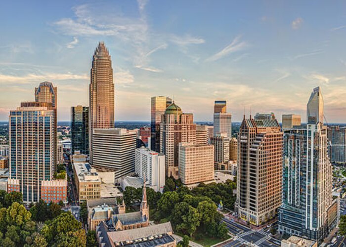 Charlotte Skyline Greeting Card featuring the photograph Queen City Pano by Chris Austin