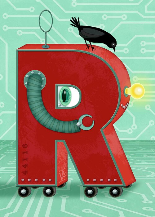 R Is For Robot Greeting Card featuring the digital art R is for Robot by Valerie Drake Lesiak
