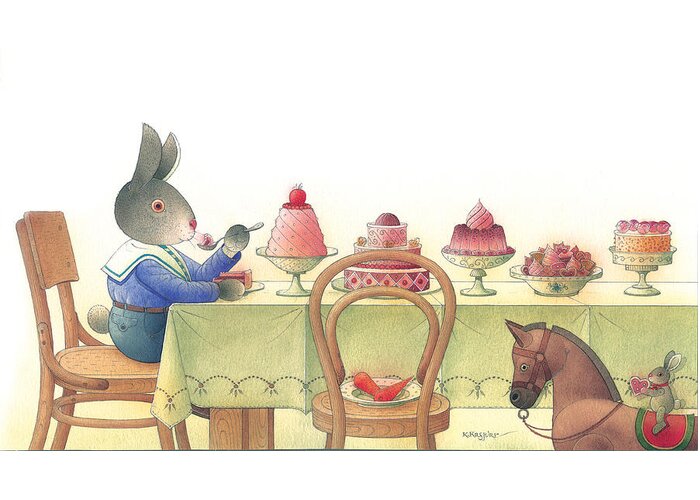 Rabbit Birthday Delicious Greeting Card featuring the painting Rabbit Marcus the Great 10 by Kestutis Kasparavicius