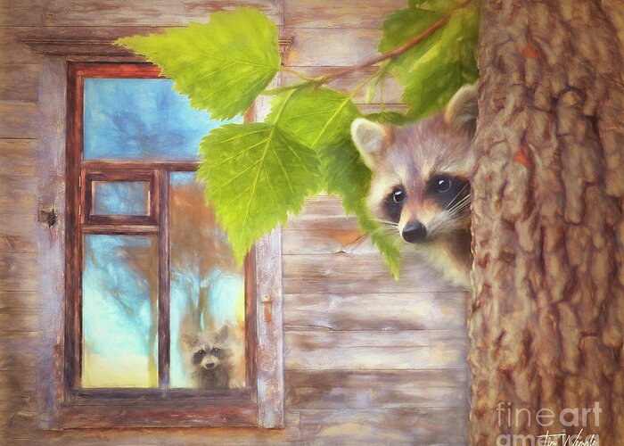 Raccoon Greeting Card featuring the digital art Raccoon Lookout by Tim Wemple