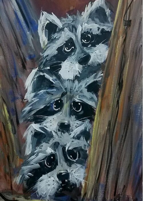 Raccoon Greeting Card featuring the painting Raccoon Triplets by Terri Einer