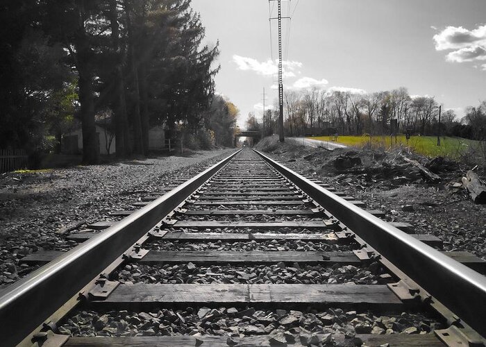 Railroad Tracks Greeting Card featuring the photograph Railroad Tracks BW by Chris Montcalmo
