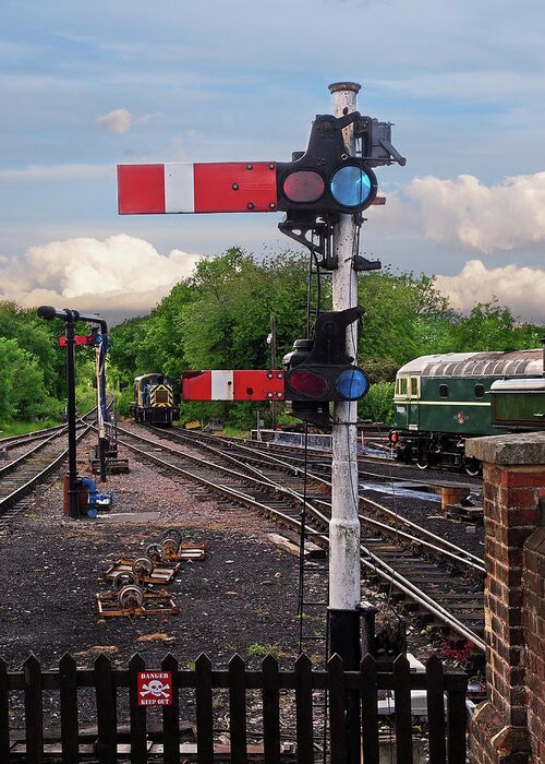 Railroad Tracks Greeting Card featuring the photograph Railway Signals by Gill Billington