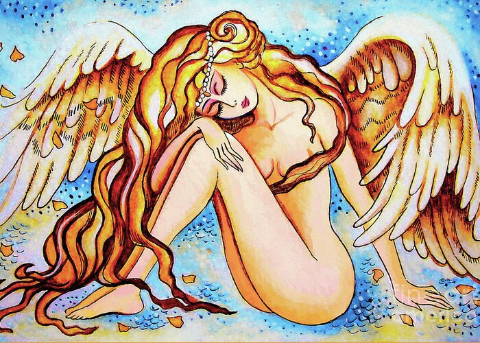 Angel Woman Greeting Card featuring the painting Rain Angel by Eva Campbell