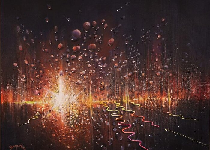 City At Night Greeting Card featuring the painting Rain on the Windshield by Tom Shropshire