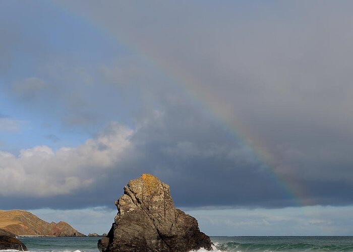 Durness Greeting Card featuring the photograph Rainbow above Sango Bay Sea Stack by Maria Gaellman