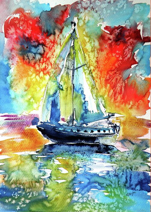 Sailboat Greeting Card featuring the painting Rainbow sailboat at sunset by Kovacs Anna Brigitta