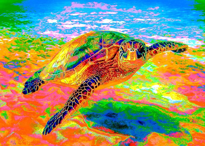 Sea Turtle Greeting Card featuring the digital art Rainbow Sea Turtle by Larry Beat