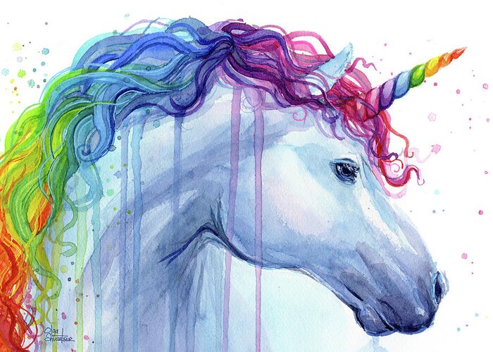 Unicorn Greeting Card featuring the painting Rainbow Unicorn Watercolor by Olga Shvartsur