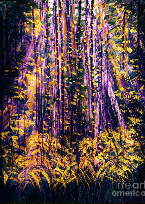#rainforest #trees #forests #art #artist #beautiful #colorful #expressionism #greenliving #landscape #nature #natureaddict #newartwork #painting #trees Greeting Card featuring the painting Rainforest by Allison Constantino