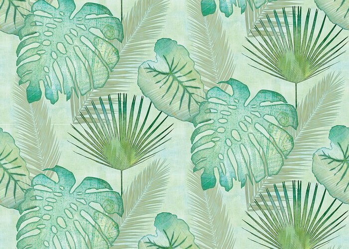 Rain Greeting Card featuring the painting Rainforest Tropical - Elephant Ear and Fan Palm Leaves Repeat Pattern by Audrey Jeanne Roberts