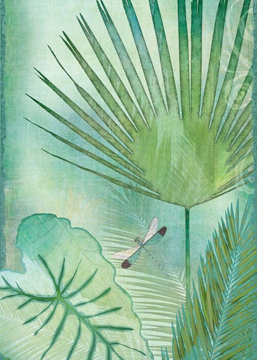 Jungle Greeting Card featuring the painting Rainforest Tropical - Elephant Ear and Fan Palm Leaves w Botanical Dragonfly by Audrey Jeanne Roberts