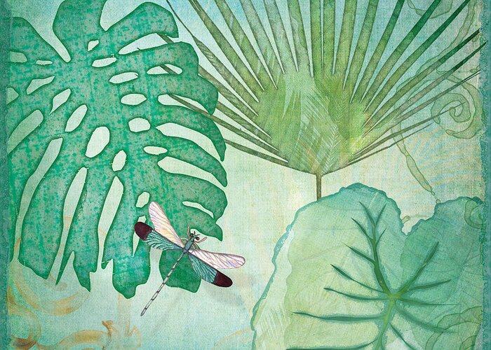 Jungle Greeting Card featuring the painting Rainforest Tropical - Philodendron Elephant Ear and Palm Leaves w Botanical Dragonfly 2 by Audrey Jeanne Roberts