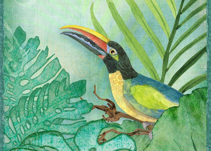 Square Format Greeting Card featuring the painting Rainforest Tropical - Jungle Toucan w Philodendron Elephant Ear and Palm Leaves 2 by Audrey Jeanne Roberts