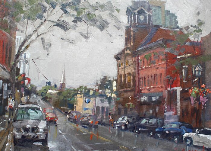 Rainy Day Greeting Card featuring the painting Rainy Day in Downtown Brampton ON by Ylli Haruni