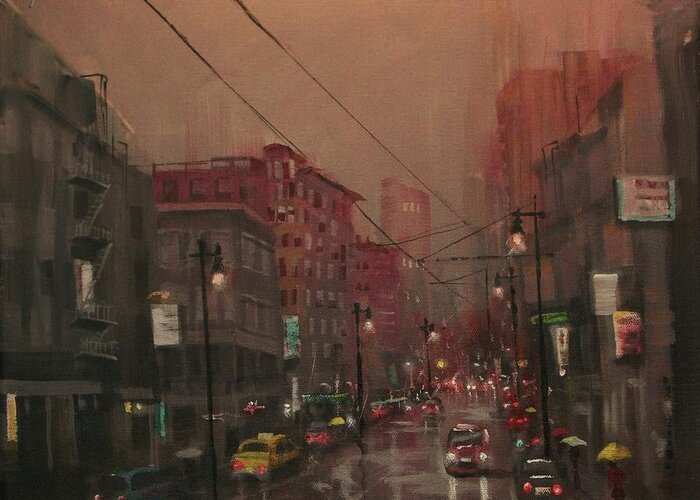  City At Night Greeting Card featuring the painting Rainy Day in the City by Tom Shropshire