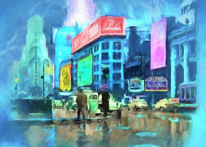 New York City Greeting Card featuring the painting Rainy Night In New York by Michael Cleere
