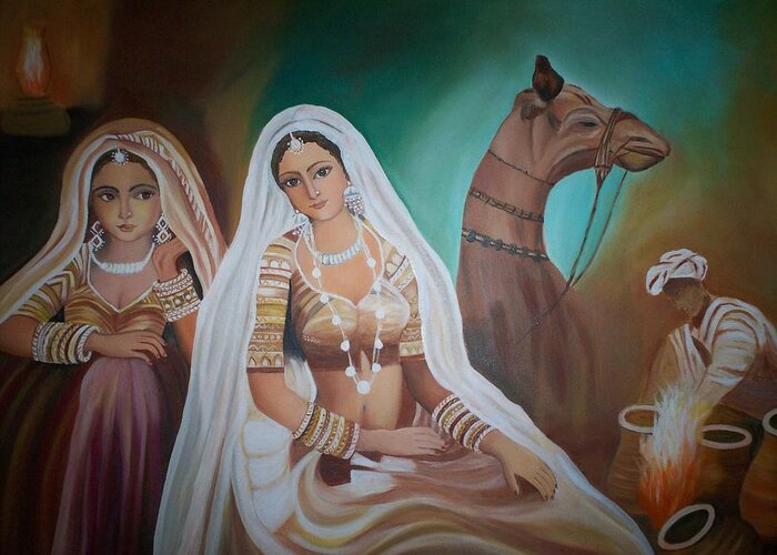 People (reproduction) Greeting Card featuring the painting Rajasthani Beauties by Usha Rai