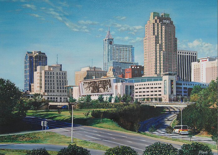 Raleigh Greeting Card featuring the painting Raleigh downtown realistic by Tommy Midyette