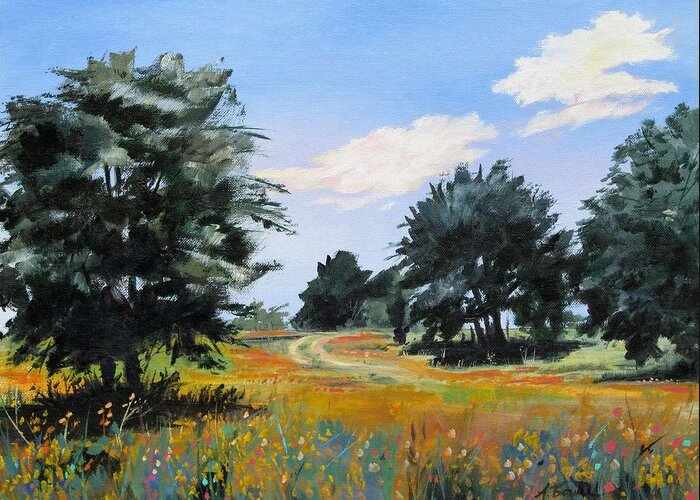 Texas Landscape Greeting Card featuring the painting Ranch Road Near Bandera Texas by Adele Bower