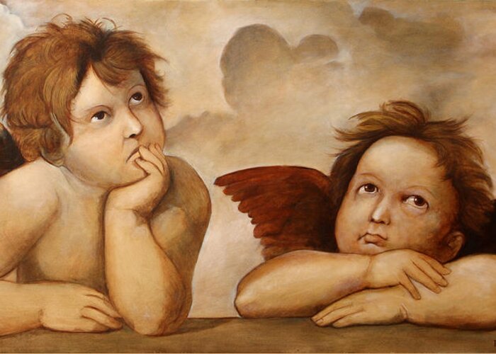 Religious Greeting Card featuring the painting Raphael Angels by Darko Topalski