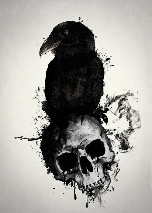 Raven Greeting Card featuring the mixed media Raven and Skull by Nicklas Gustafsson