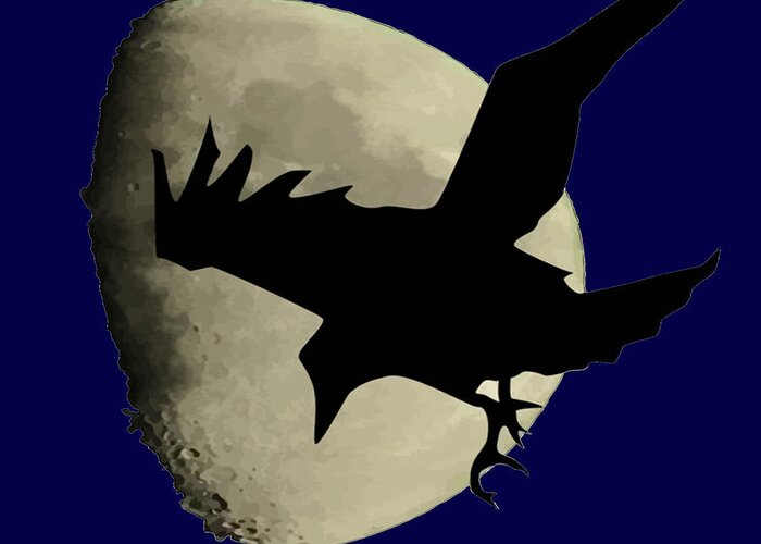Animal Greeting Card featuring the digital art Raven Flying Across The Moon by Taiche Acrylic Art