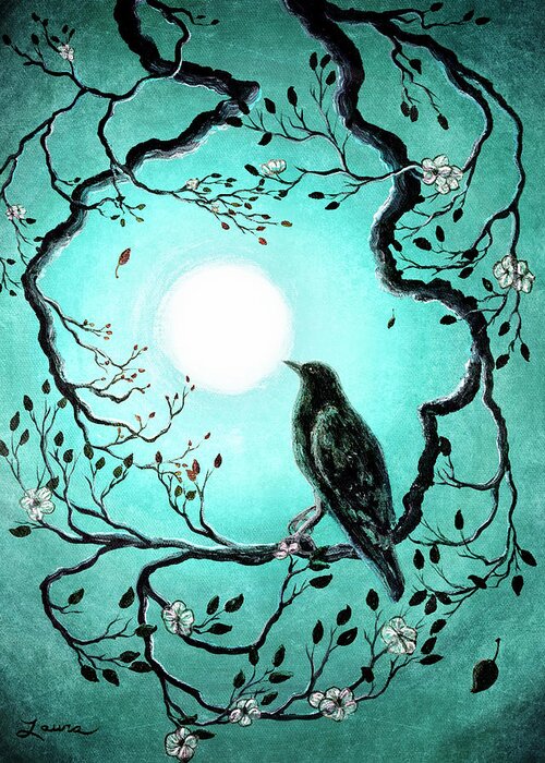 Crow Greeting Card featuring the painting Raven in Teal by Laura Iverson