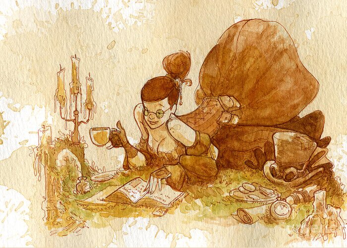 Steampunk Greeting Card featuring the painting Reading by Brian Kesinger