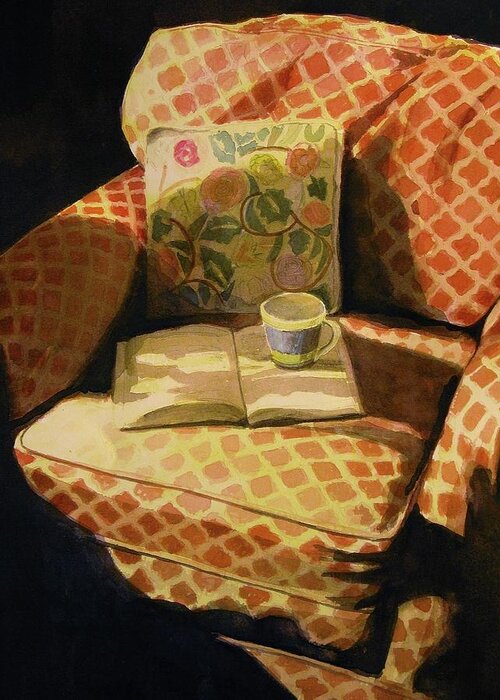 Walt Maes Greeting Card featuring the painting Reading Chair with book and cup of coffee by Walt Maes