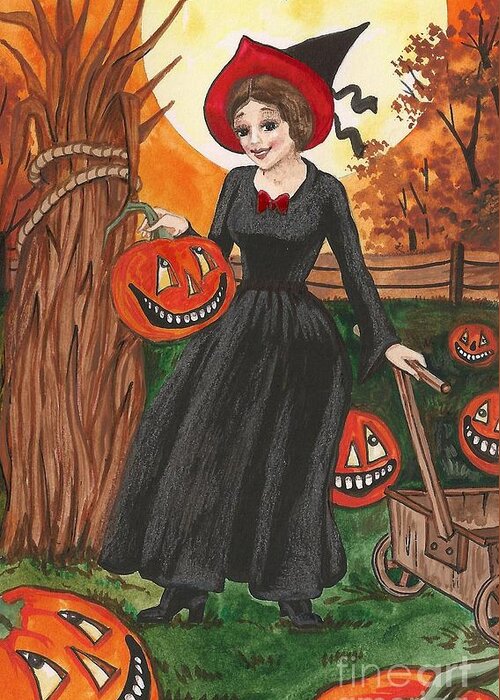 Print Greeting Card featuring the painting Ready For Halloween by Margaryta Yermolayeva