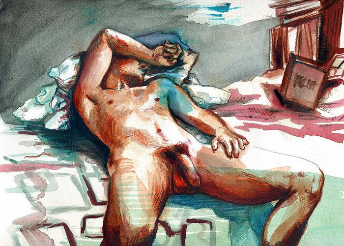 Nude Male Greeting Card featuring the painting Nude Reclined Male Figure by Rene Capone