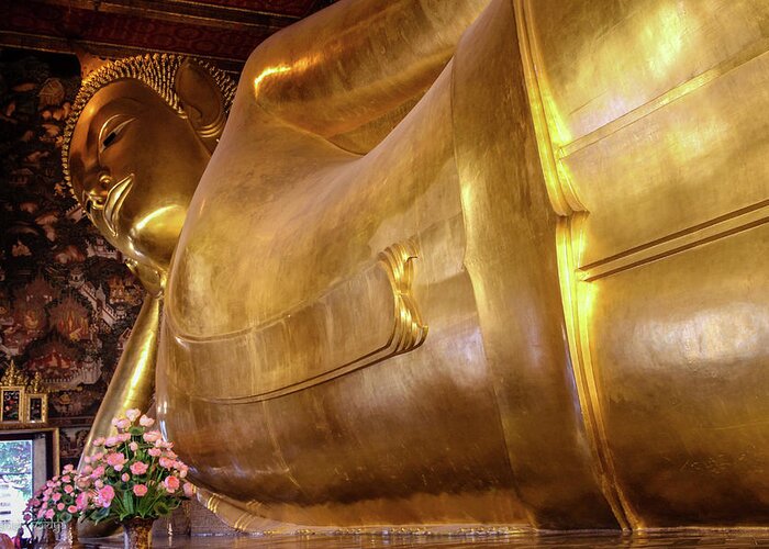 Buddha Greeting Card featuring the photograph Reclining Buddha, Bangkok, Thailand by Aashish Vaidya