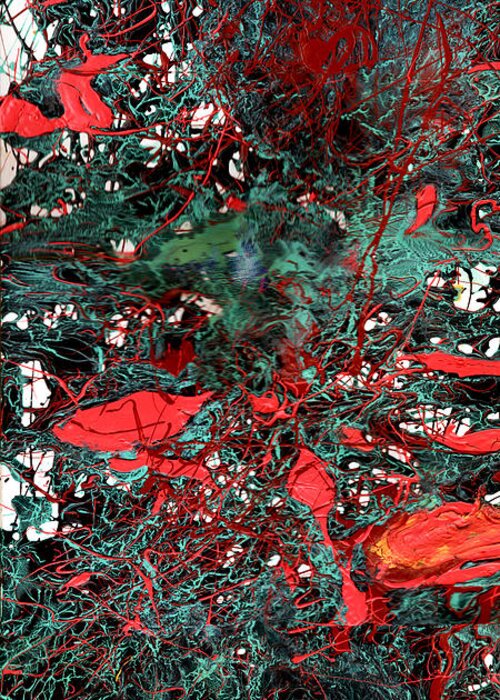 Jacksonpollock Greeting Card featuring the painting Red And Black Turquoise Drip Abstract by Genevieve Esson