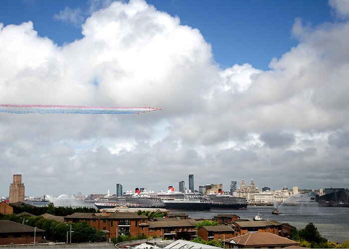 Cunard Greeting Card featuring the photograph Red Arrows and the Three Queens by Spikey Mouse Photography