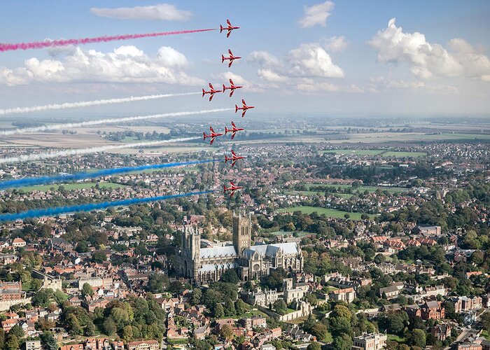 Red Arrows Greeting Card featuring the digital art Red Arrows over Lincoln smoke on by Gary Eason