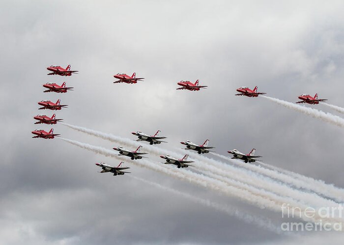 Red Arrows Greeting Card featuring the digital art red Arrows with The Thunderbirds by Airpower Art